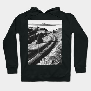 Cogwheel Rail Track on Mount Rigi With Swiss Alps in Black and White Hoodie